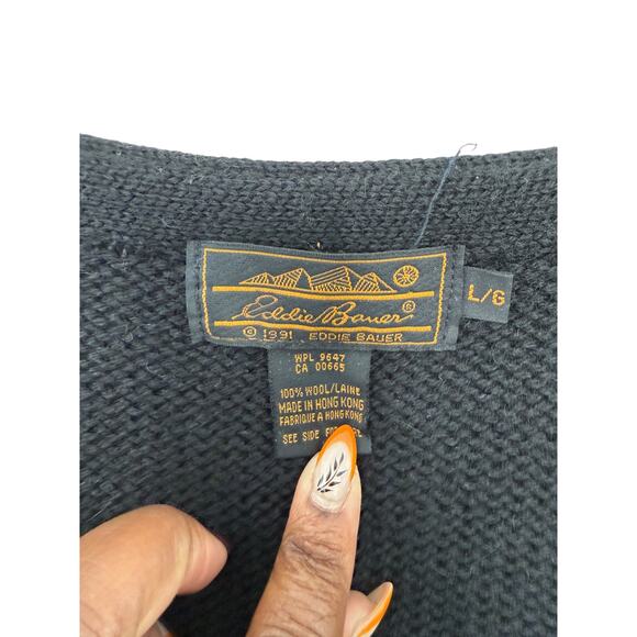 Eddie Bauer Women's Knit Crochet Floral Cardigan VTG Black Wool Button Up Large - Picture 2 of 12